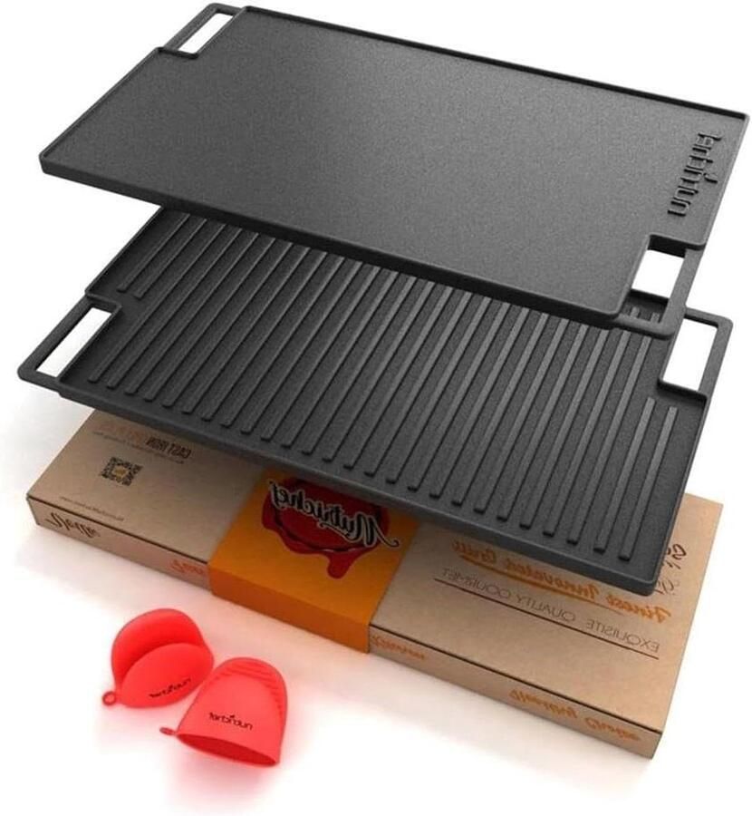 Gietijzeren Grillplaat Omkeerbare Bakplaat Buiten Koken Gladde en Geribbelde Zijde 45 x 25 cm Zwart