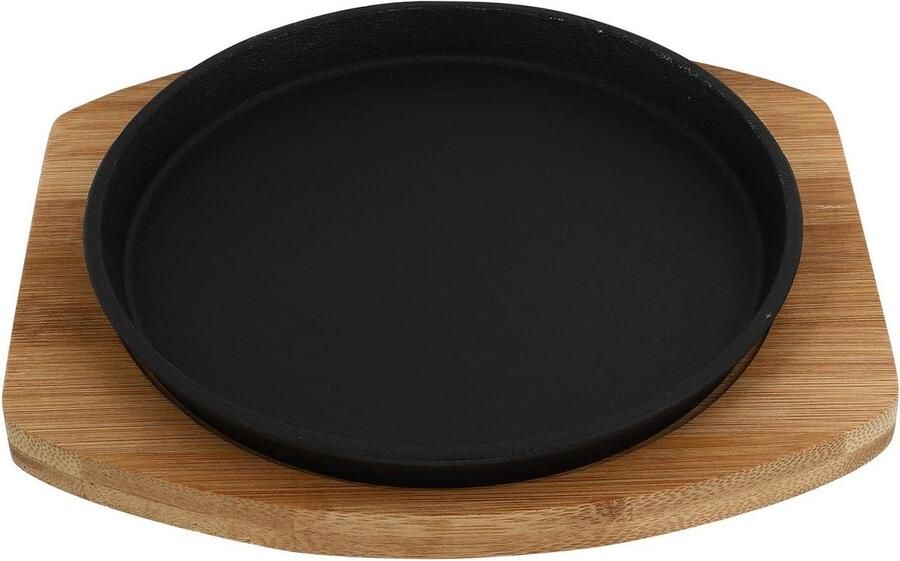 Gietijzeren Grillplaat Sissende Koekenpan Professioneel Grillen Met Houten Voet 20 cm Rond Zwart