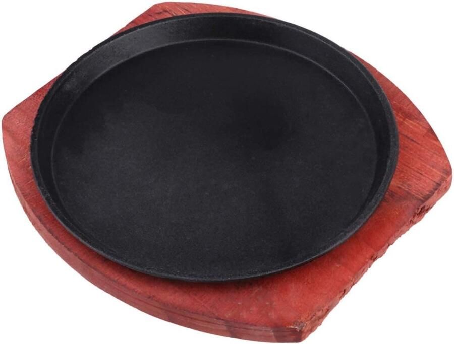 Gietijzeren Grillplaat Steak Pan Server Restaurant Kwaliteit Inclusief Houten Dienblad 23cm Diameter Zwart
