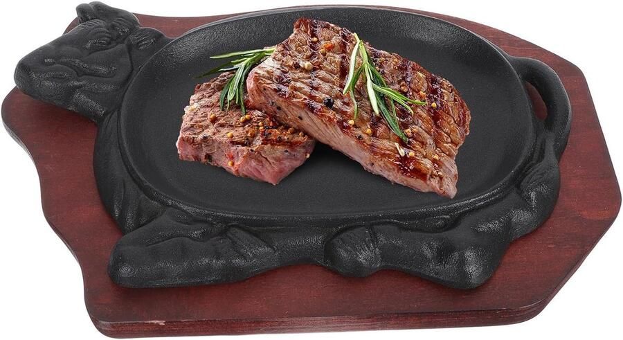 Gietijzeren Grillplaat Steakgerecht Bord Thuis Koken Met Houten Tray 28.5 cm Zwart
