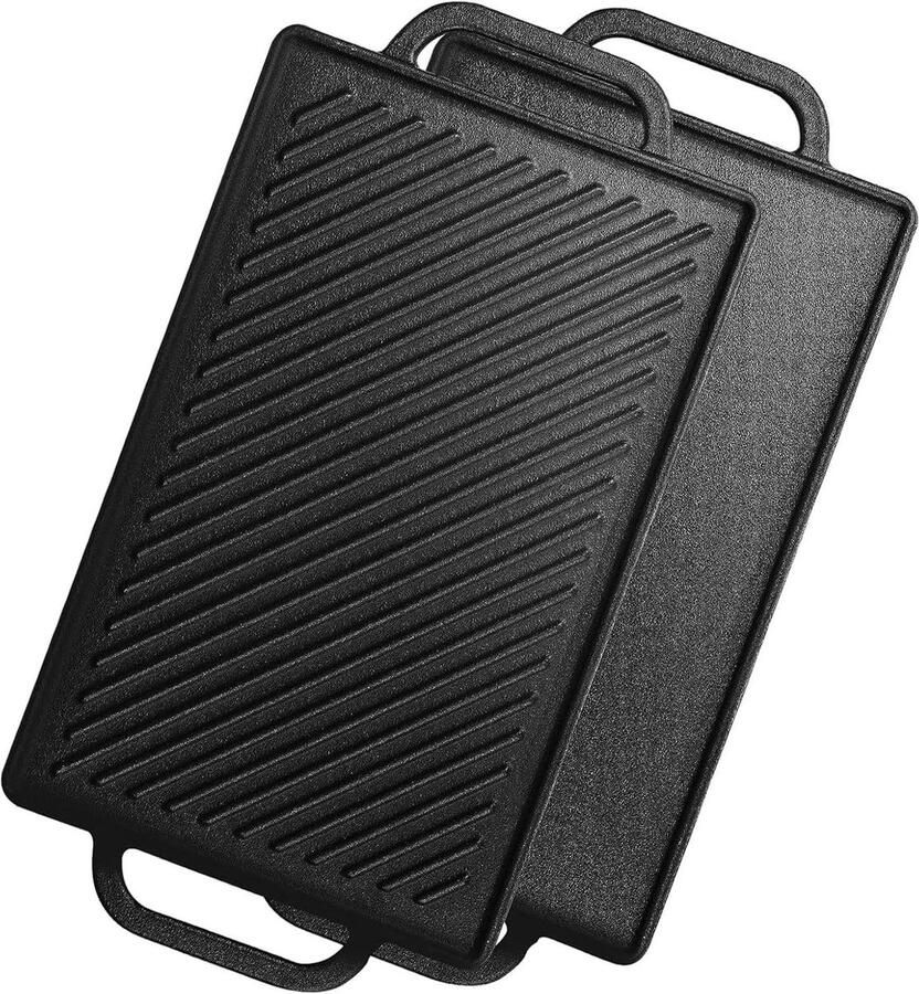 Gietijzeren Grillplaten Omkeerbare Platen Gerechten Grillen Gladde en Geribbelde Kant 33 x 21 cm Zwart