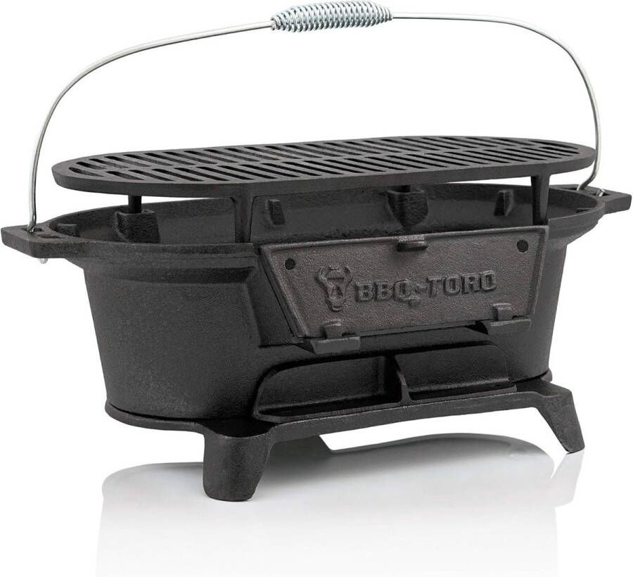 Gietijzeren Hibachi Style Grillpan met Grillrooster 50 x 25 x 23 cm Draagbare Houtskool Campinggrill