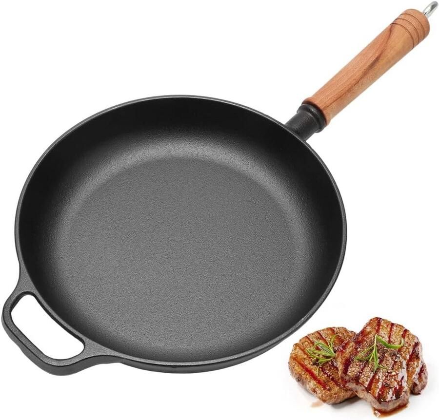 Gietijzeren Koekenpan 27 cm Grillpan met Houten Handvat voor Grill en Oven