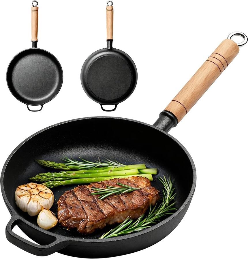 Gietijzeren koekenpan 27 cm Ongecoat Grillpan met houten handvat Geschikt voor inductie en alle kookplaten Duurzaam en veelzijdig