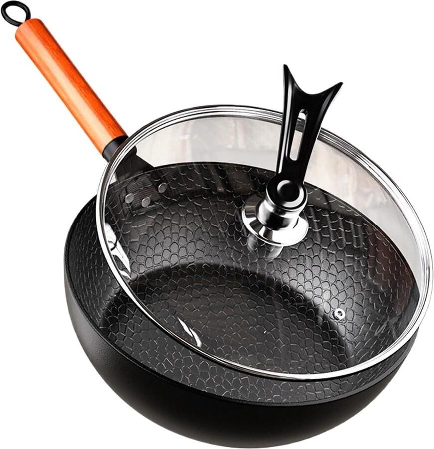 Gietijzeren Braadpan Koekenpan Deksel Thuis Koken Gehamerd Oppervlak 28 cm Diameter Zwart