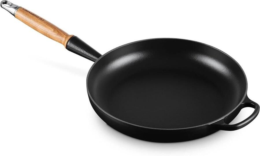 Gietijzeren Koekenpan Braadpan Hout Koken en Braden Houten Handvat 24 cm Mat Zwart
