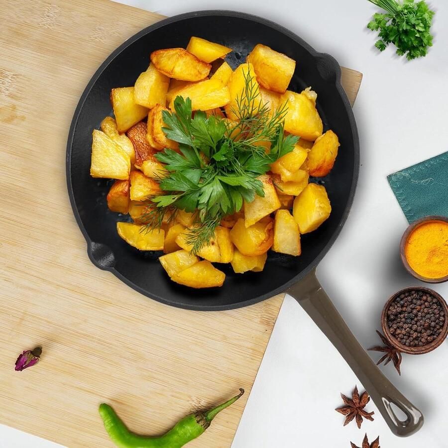 Gietijzeren Koekenpan Braadpan Vispan IJzerverrijkt Koken 100% Puur Gietijzer 26 cm Zwart