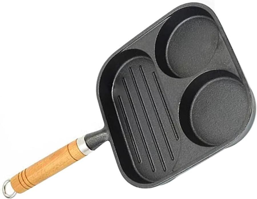 Gietijzeren Koekenpan Grillpan Ontbijt Bereiden 3 Anti-aanbak Secties 19.5 x 19.5 cm Zwart