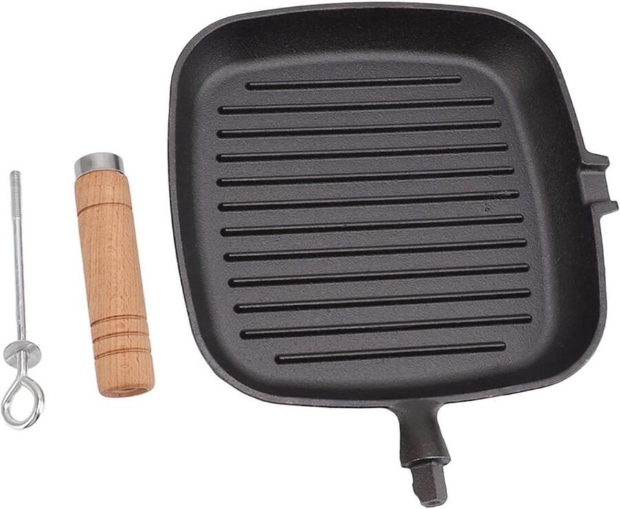 Gietijzeren Koekenpan Grillpan Vierkant Koken en Grillen Houten Handvat Isolatie 255 cm Zwart