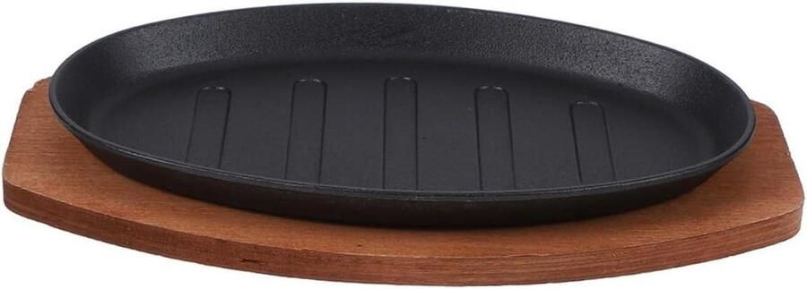 Gietijzeren Koekenpan Grillplaat Plaat Steak Bakken Met Houten Basis 28 x 17 cm Zwart