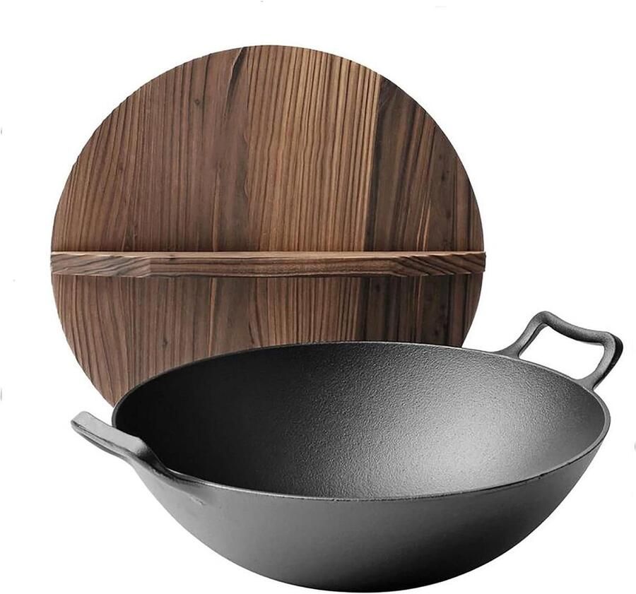 Gietijzeren Koekenpan Grote Wok Gelijkmatig Koken Verdikte Bodem 36cm Zwart