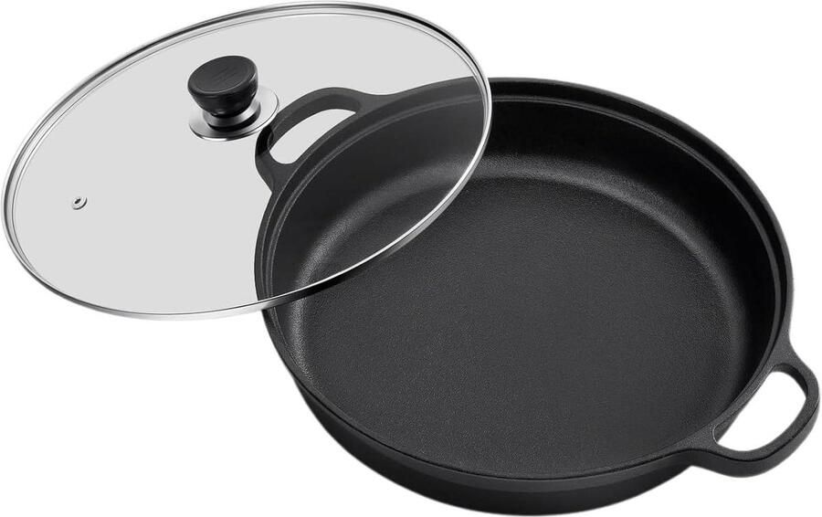 Gietijzeren koekenpan met deksel Dagelijks koken Gelijkmatige warmteverdeling 305 cm Zwart
