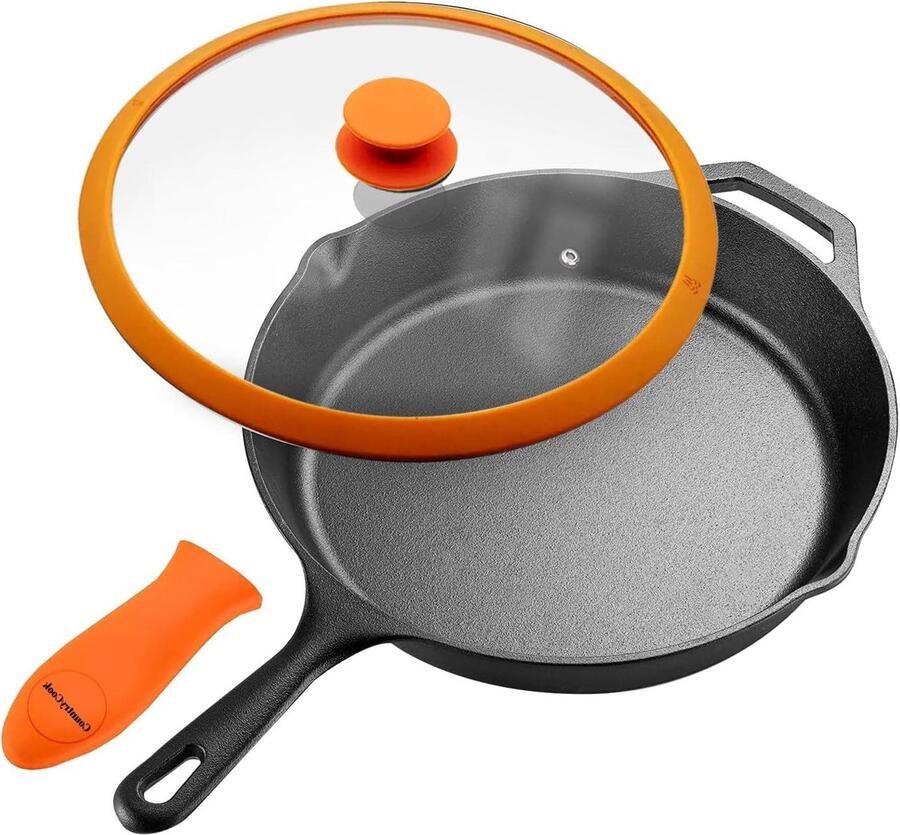Gietijzeren koekenpan met deksel Gezond koken Gelijkmatige warmteverdeling 26 cm Zwart