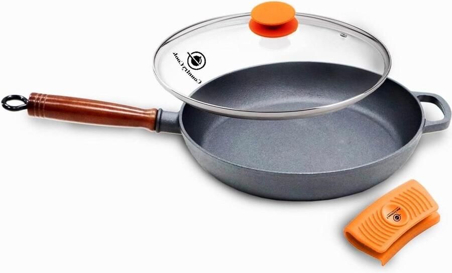 Gietijzeren Koekenpan met deksel Gezond Koken Vooraf Gekruid 26 cm Zwart