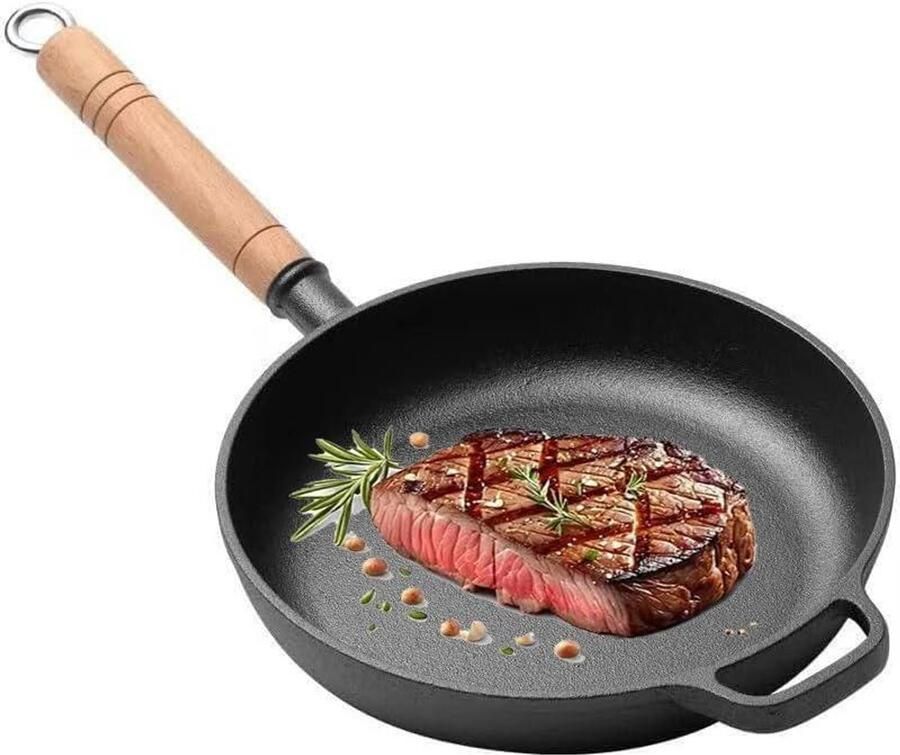 Gietijzeren koekenpan met handvat Gezond koken Gelijkmatige warmteverdeling 9 inch Zwart