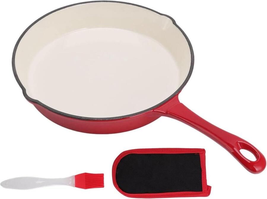 Gietijzeren Koekenpan met steel Koken en bakken Dubbele schenktuiten 25 cm Rood