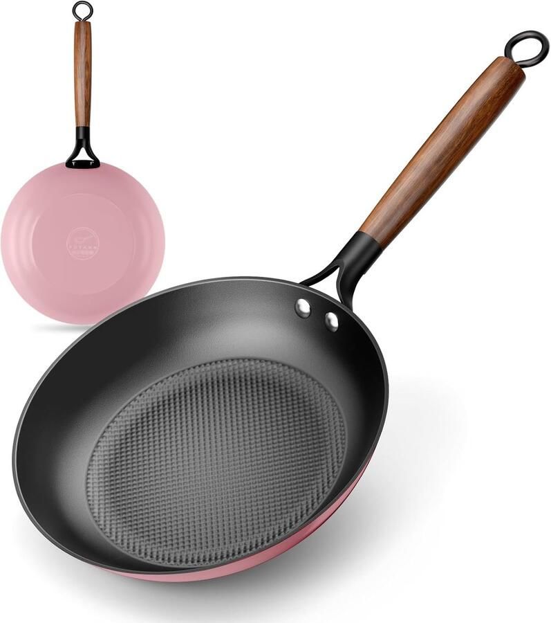 Gietijzeren Koekenpan met Wafelstructuur Gezond Koken Afneembare Houten Handgreep 26 cm Roze
