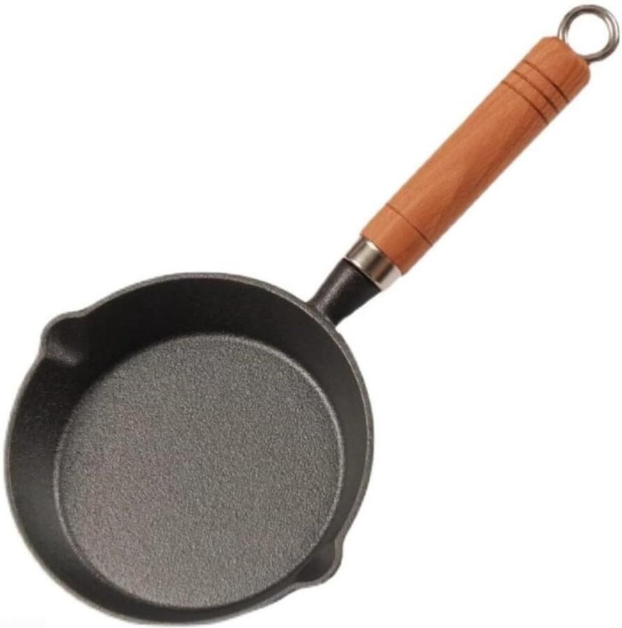 Gietijzeren Koekenpan Mini Pan Eieren Bakken Hout Handvat 15 cm Zwart