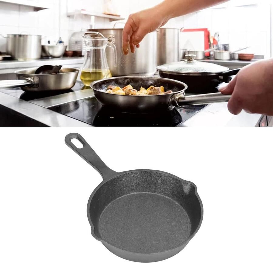 Gietijzeren Koekenpan Mini Pan Platte Bodem Koken en Bakken Niet-klevend Gietijzer 14 cm Diameter Zwart