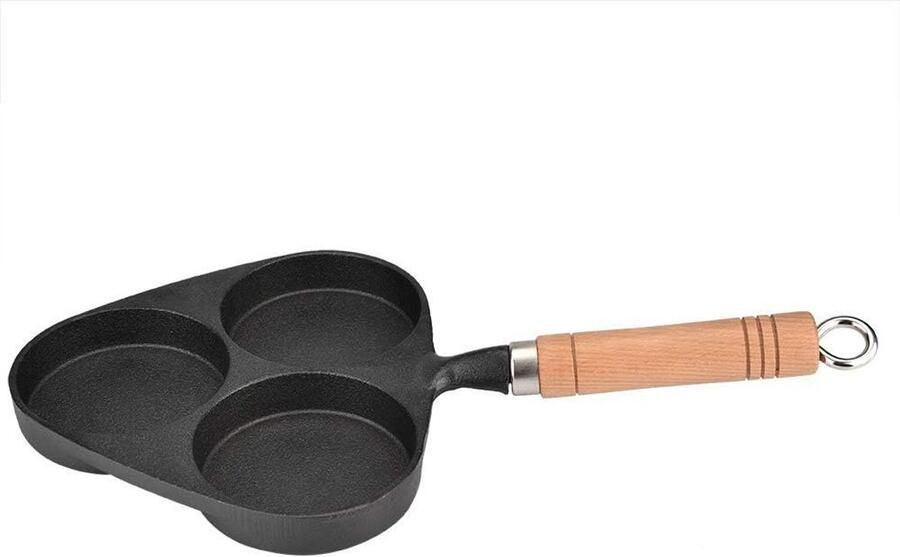 Gietijzeren Koekenpan Omeletpan Hamburgerpan Ontbijt Koken Drie Gaten 27 cm Zwart