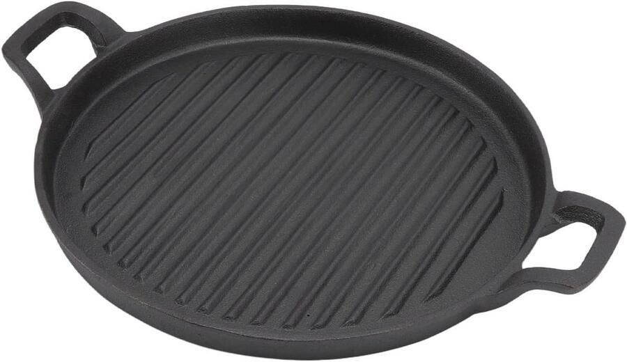 Gietijzeren Koekenpan Ronde Pan Grill Koken en Bakken Omkeerbaar Ribbelontwerp 28 cm Zwart