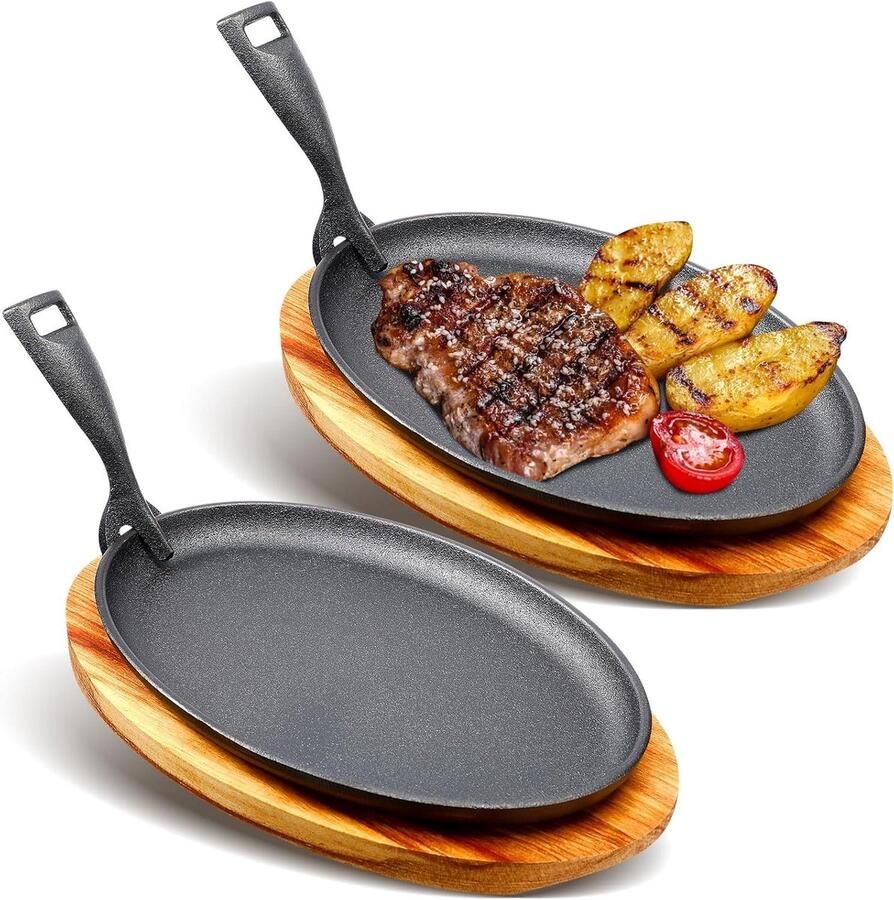 Gietijzeren koekenpan set Sizzling pan Fajita Serveren van gerechten Met houten onderstel 27 x 175 cm