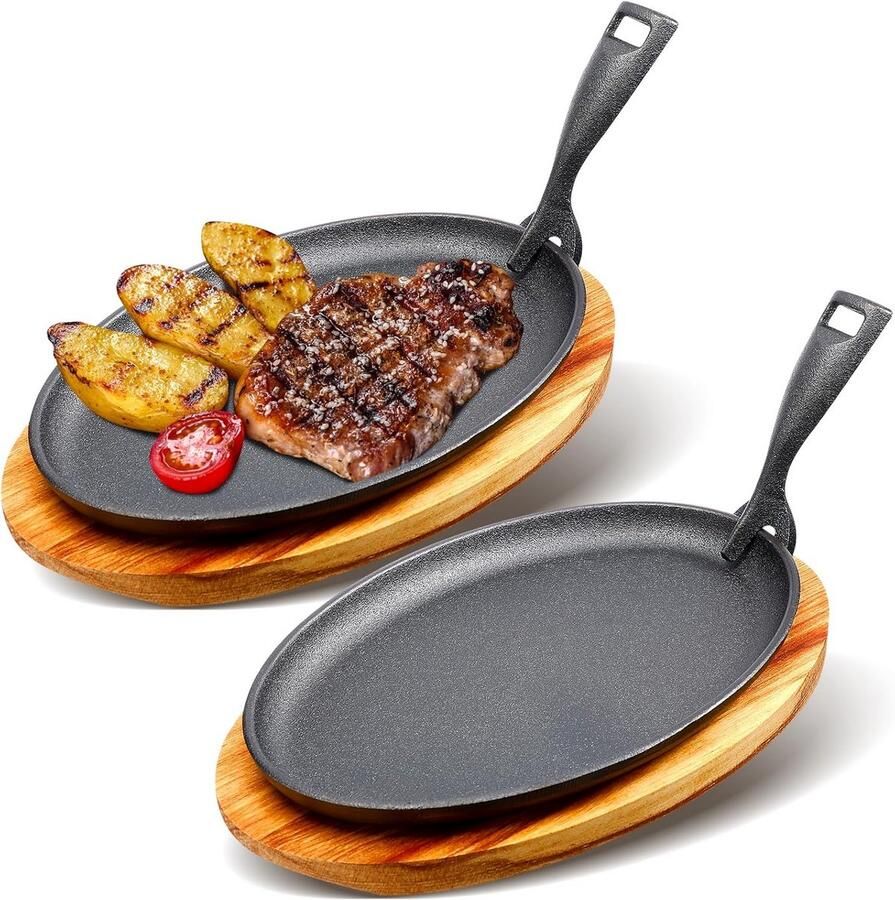 Gietijzeren Koekenpan Set Sizzling Pan Plaat Restaurant Keuken Koken Met Houten Basis 27 x 175 cm
