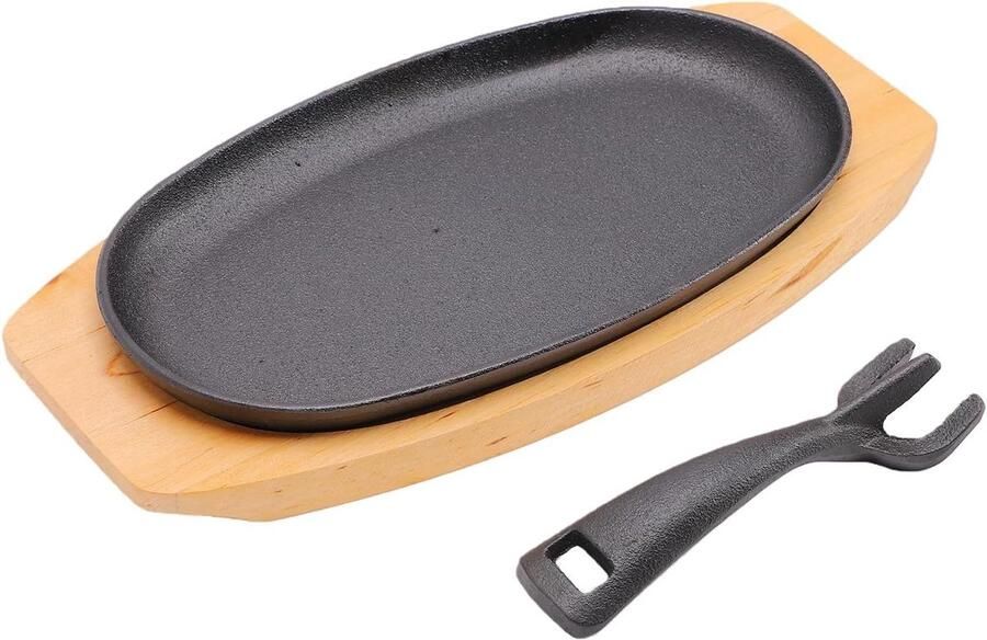 Gietijzeren Koekenpan Sissende Plaat Warme Maaltijden Serveren Inclusief Houten Basis 24 cm Lang Zwart