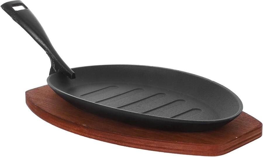 Gietijzeren Koekenpan Steak Pan Authentieke Smaak Met Houten Onderzetter 14 cm Zwart