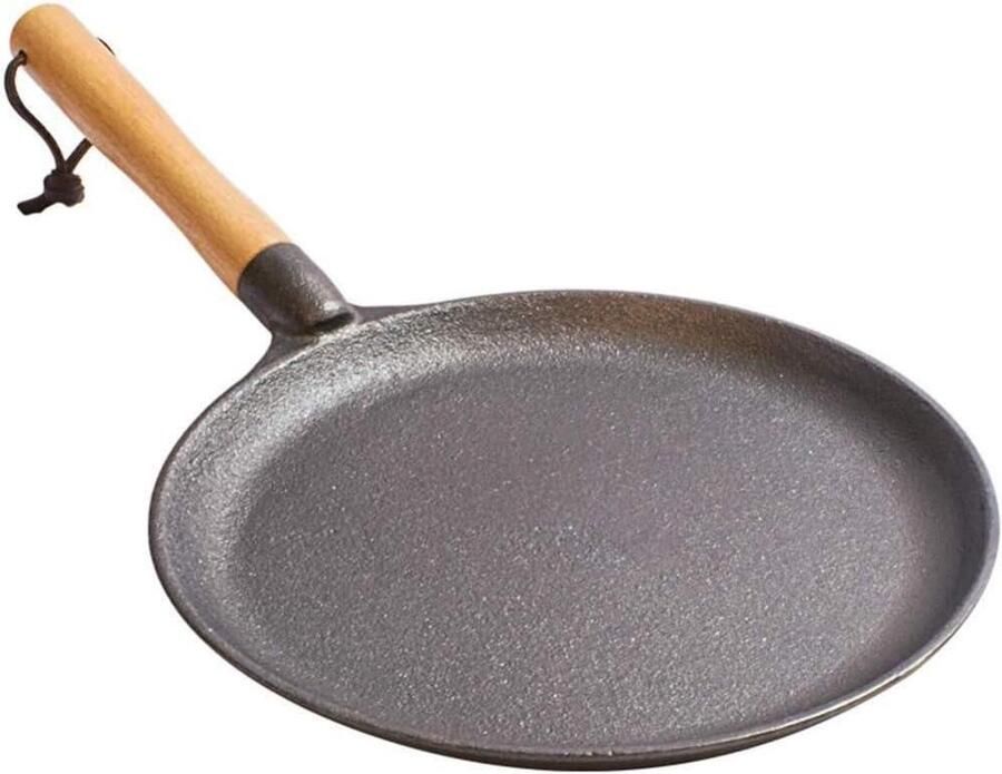 Gietijzeren Koekenpan Steak Pan Ontbijt Bakken Met Beukenhouten Handvat 26 cm Diameter Zwart