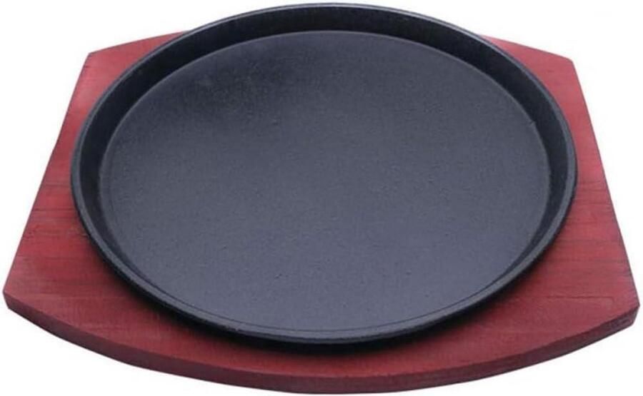 Gietijzeren koekenpan Steakplaat Sizzle Heerlijk Koken Met Houten Onderzetter 24 cm Zwart