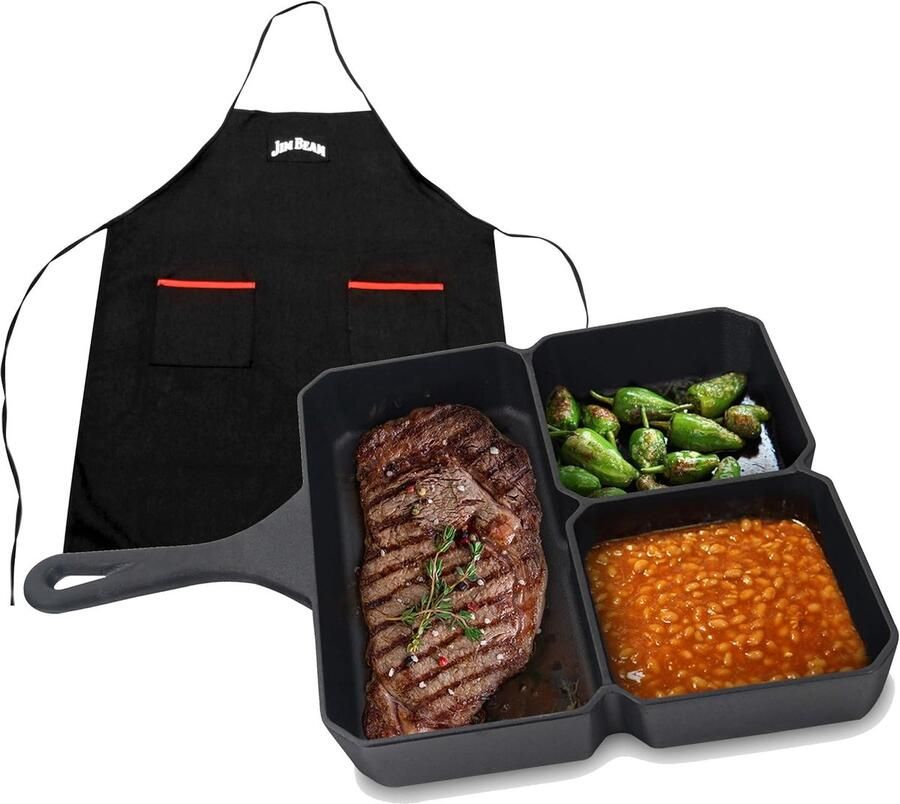 Gietijzeren Koekenpan Vierkant met Drie Vakken Grillpan voor Vlees Groenten en Sauzen