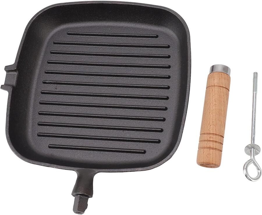 Gietijzeren Koekenpan Vierkante Grillpan Gelijkmatig Koken Houten Handvat 208 cm Zwart