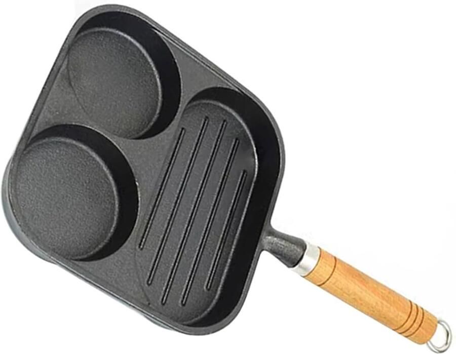 Gietijzeren Koekenpan Vierkante Grillpan Ontbijt Bereiden Drie Secties 195 x 195 cm Zwart