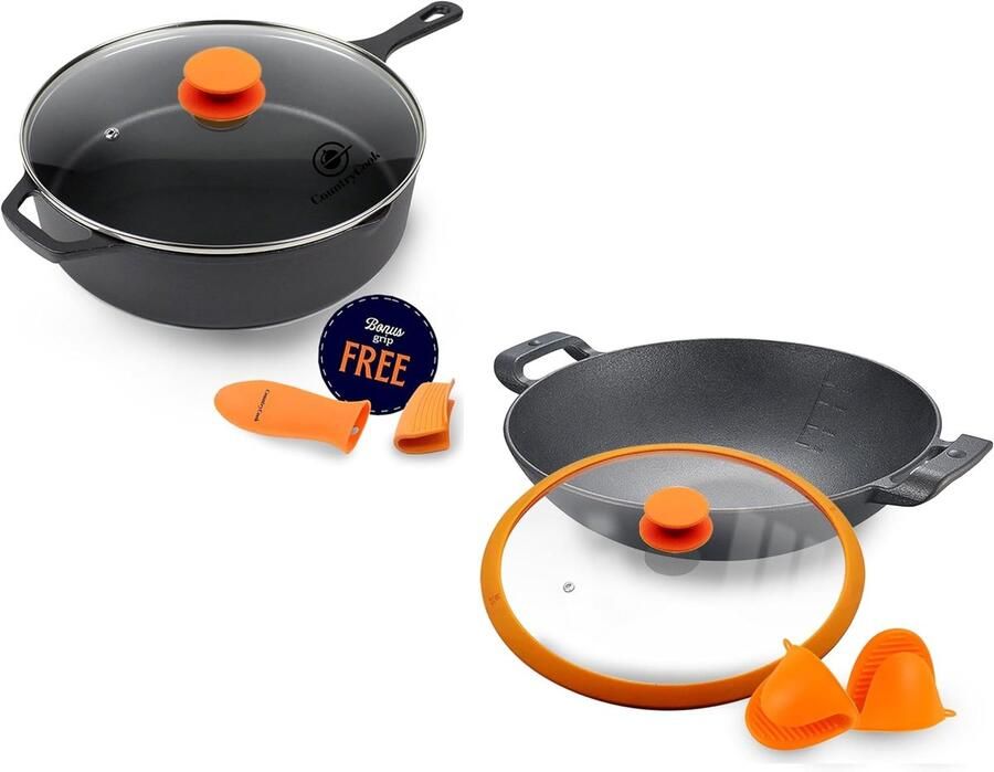 Gietijzeren Koekenpan Wok Combinatie Veelzijdig Koken Vooraf Gekruid 30 & 26 cm Zwart