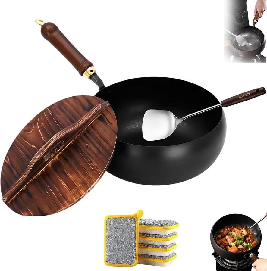 Gietijzeren Koekenpan Wok Pan Dagelijks Koken Natuurlijk Anti-aanbak 24 cm Houten Deksel