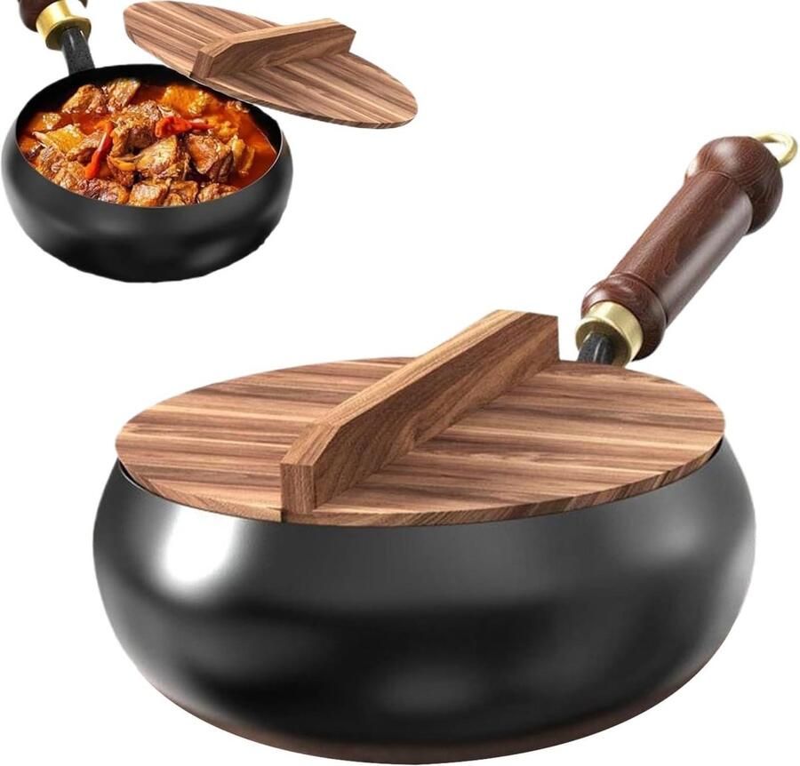 Gietijzeren Koekenpan Wok Pan Platte Bodem Veelzijdig Koken Natuurlijke Antiaanbaklaag 24 cm Zwart