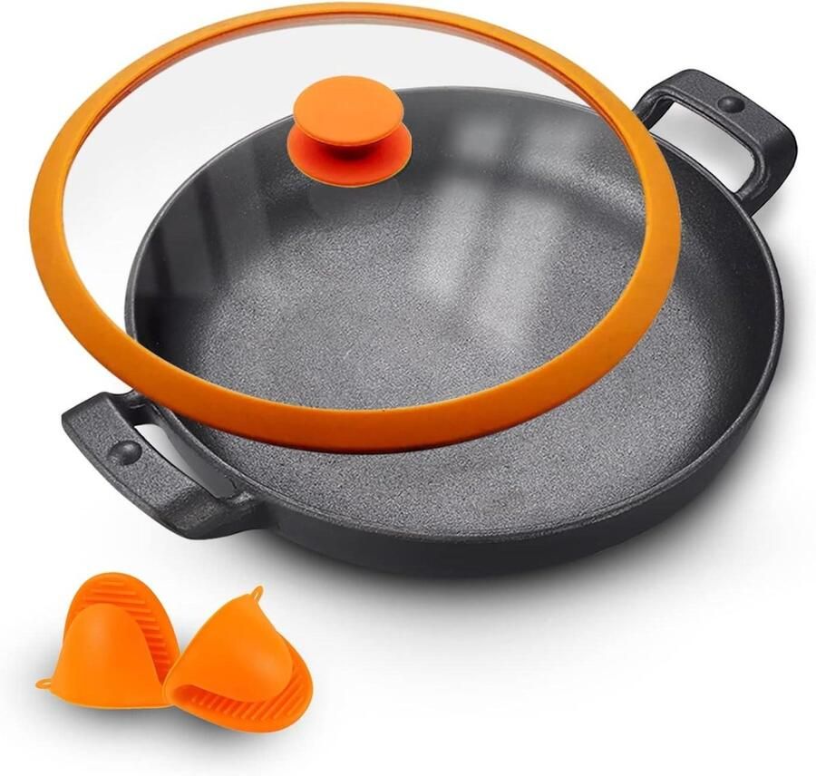 Gietijzeren Koekenpan Zwaar Kookgerei Koken en Braden Vooraf Gekruid 26 cm Zwart