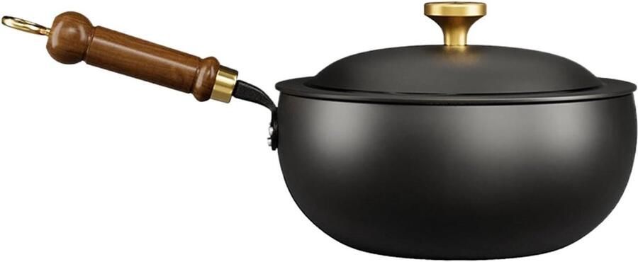 Kookpan Gietijzer Sauspan Koekenpan Soepen en Zeevruchten Antiaanbaklaag Houten Handvat 24 cm Zwart