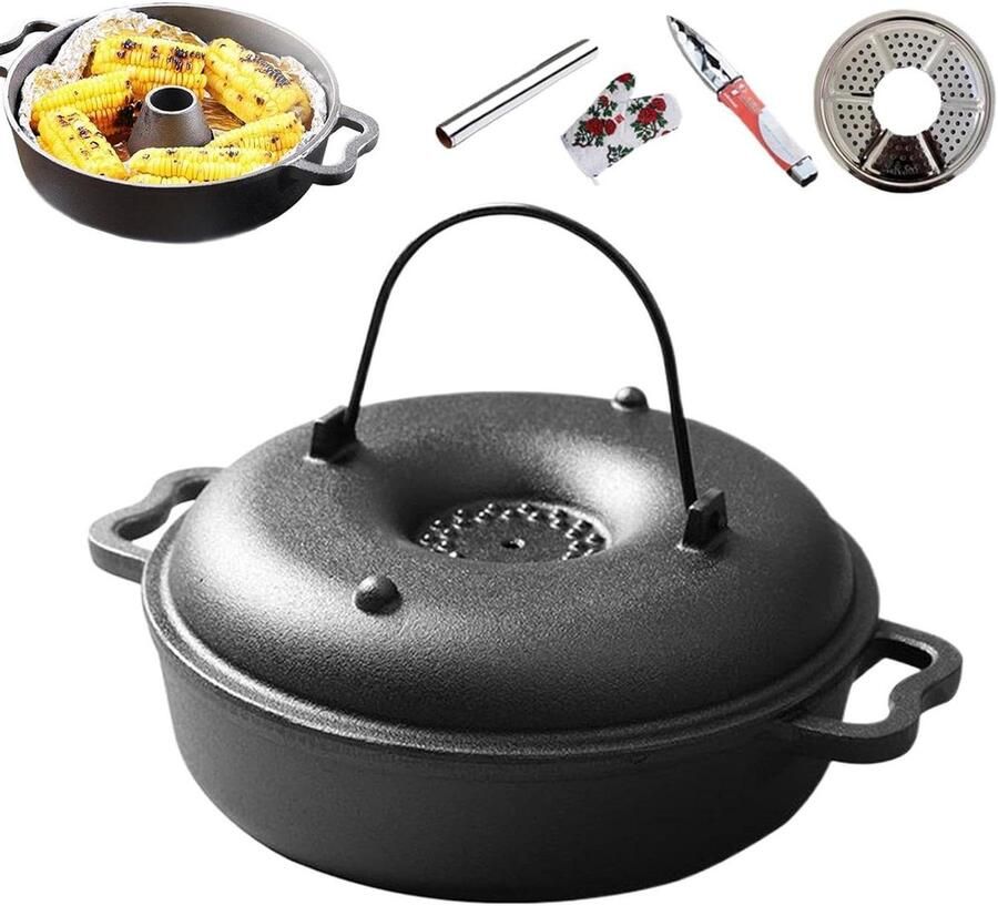 Gietijzeren Kookpan Stoofpan met deksel Langzaam Koken Dubbele stoomregeling 28 cm Zwart