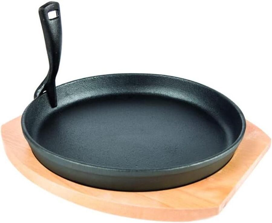 Gietijzeren Kookplaat Bakplaat BBQ Gerechten Bereiden Met Houten Plank 23 cm pan Zwart