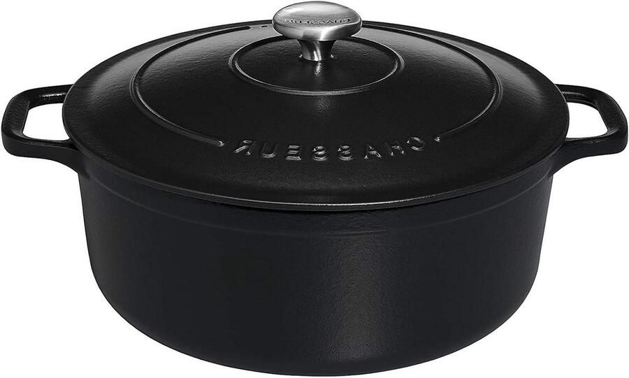 Gietijzeren Kookpot Braadpan Stoofpan Langzaam Garen Dubbele Emaille Laag 5.0 L Zwart