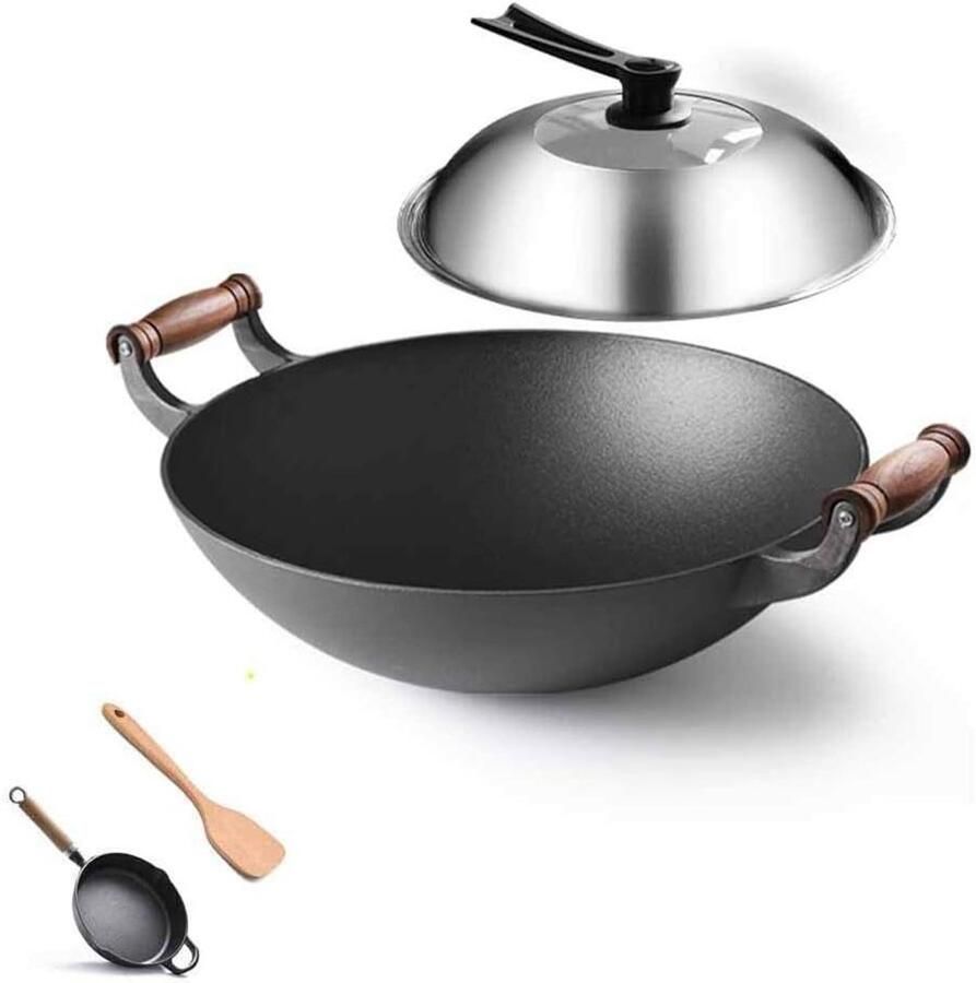 Gietijzeren Kookpot Ouderwetse Pan Gezond Koken Natuurlijk Anti-aanbak 36 cm Diameter Zwart