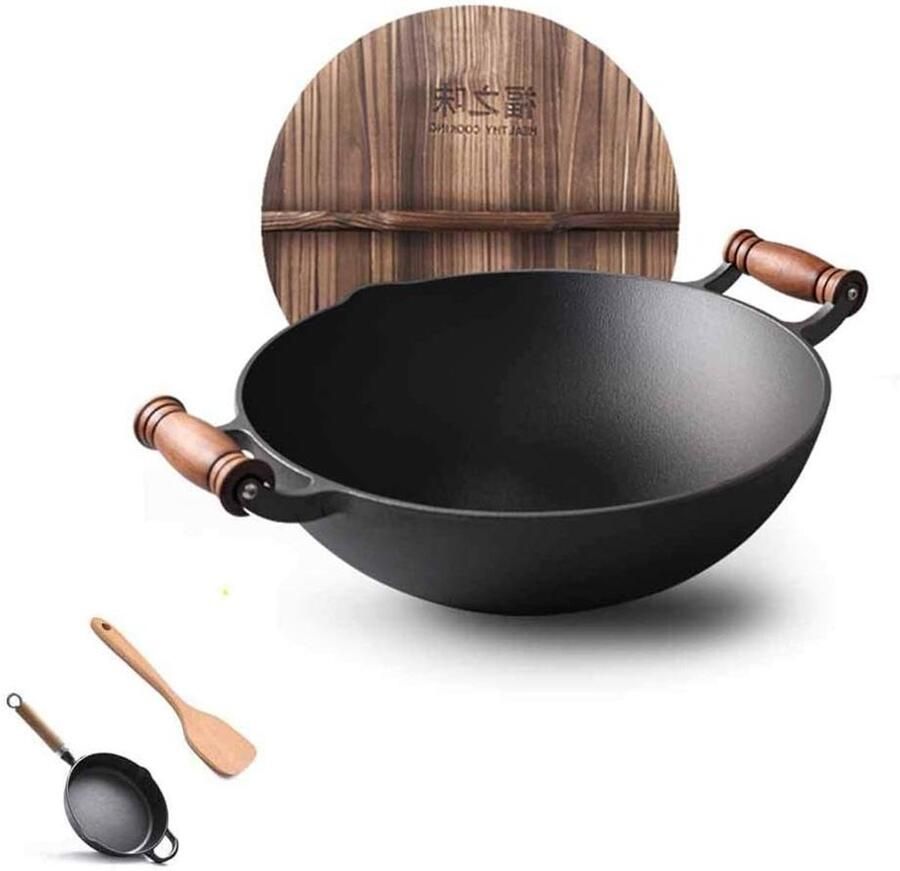 Gietijzeren Kookpot Wok Pan Gezond Koken Natuurlijk Anti-aanbak 36 cm Zwart