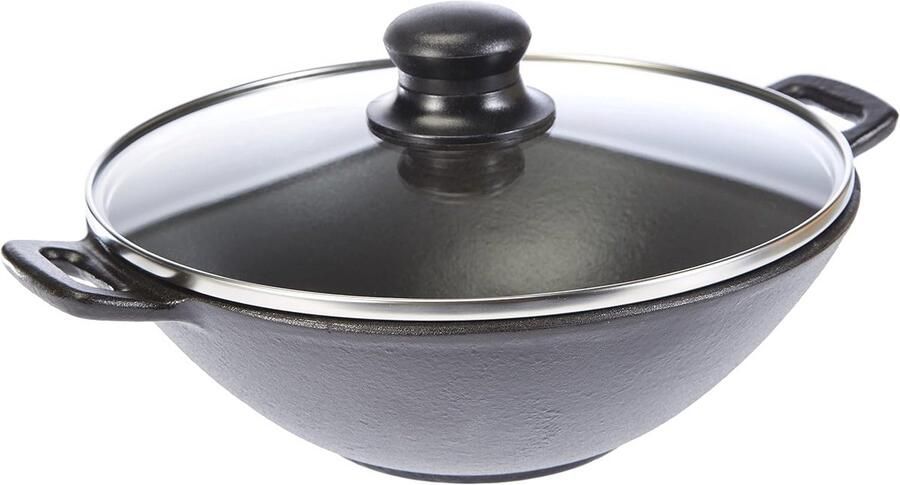 Gietijzeren Mini Wok met Deksel en Stoomrooster – 24 cm Geschikt voor Inductiekookplaten