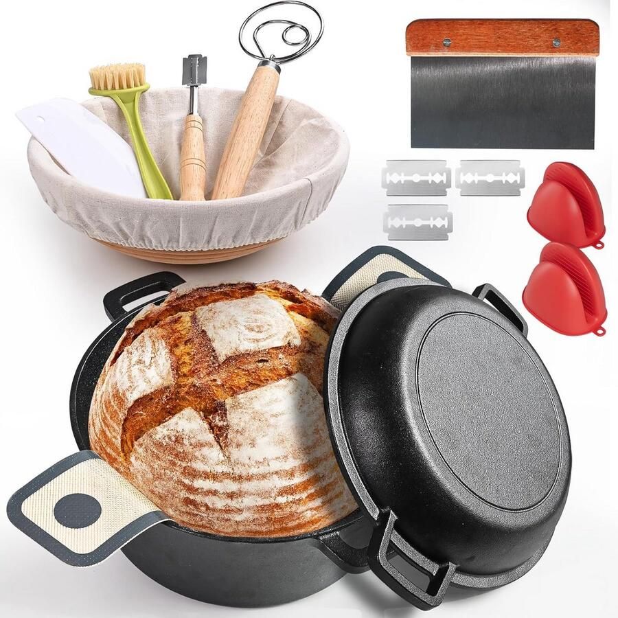 Gietijzeren Nederlandse Oven 5QT voor Brood Bakken met Baneton Mand en Accessoires