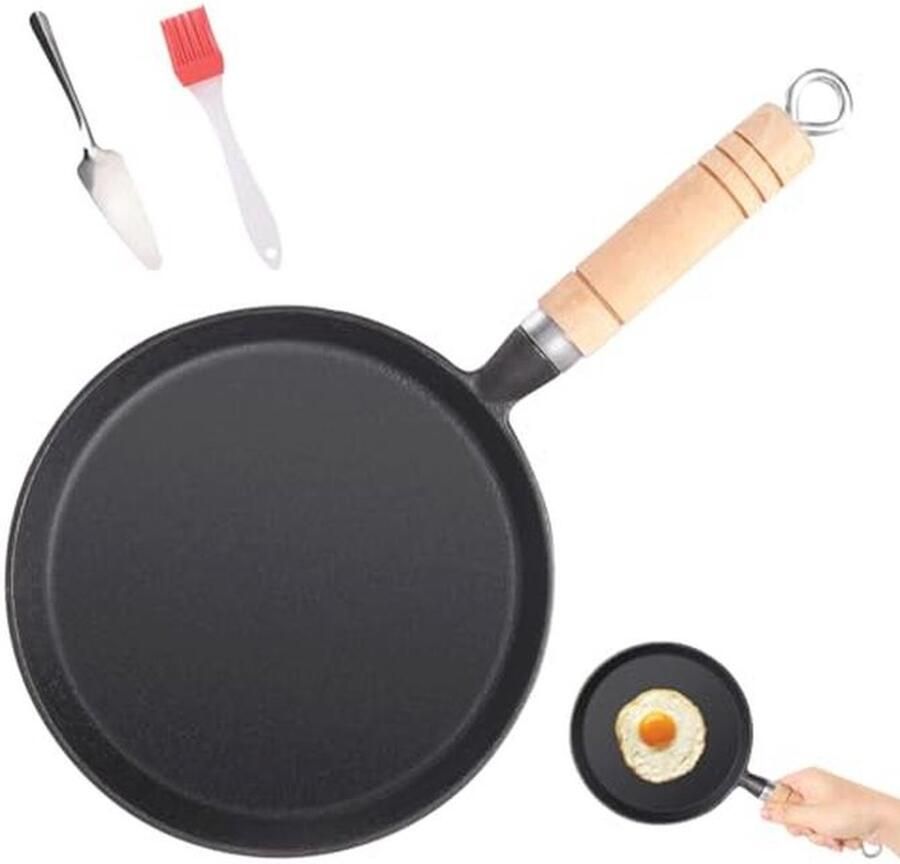 Gietijzeren pan 20 cm Ronde braadpan met houten handvat Geschikt voor inductie en gasfornuis