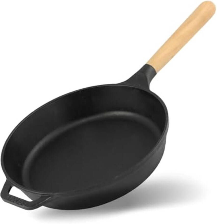 Gietijzeren Pan 22 cm Diep en Rond met Houten Handvat Geschikt voor Inductie en Alle Warmtebronnen