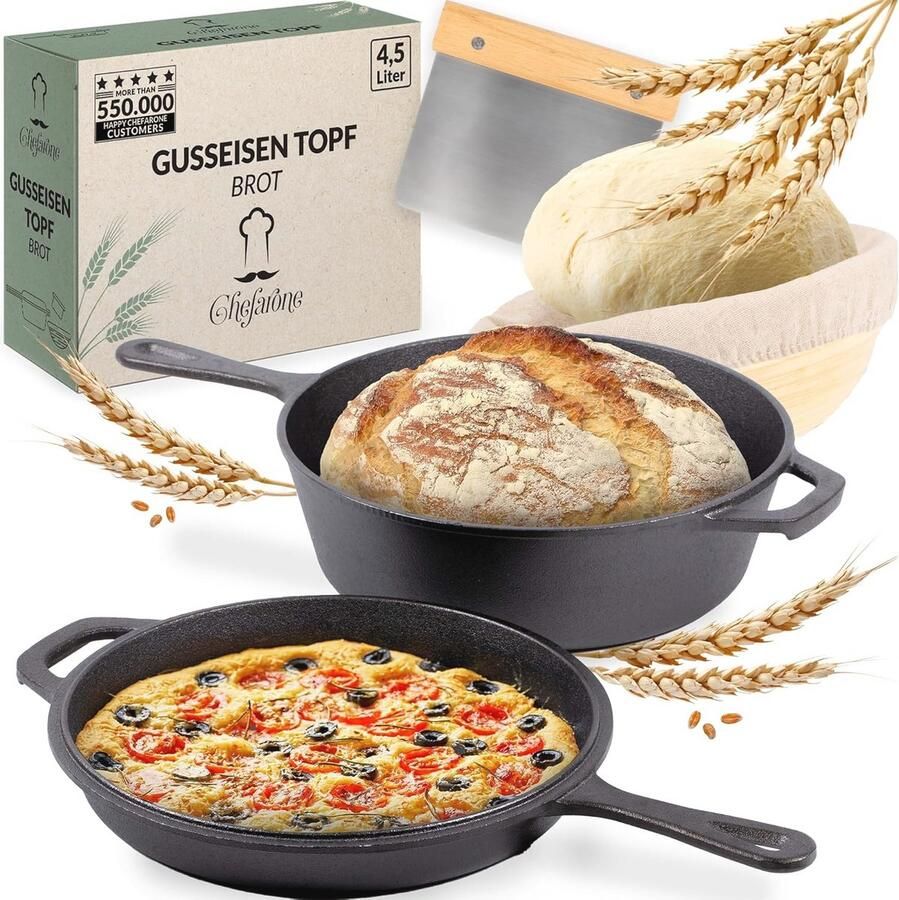 Gietijzeren Pan 26 cm met Rijsmand Inductie Geschikt 2-in-1 Braadpan met Deksel 3 Liter + Pan van 1.5 Liter Brood Bakken Praktische Dubbele Functie