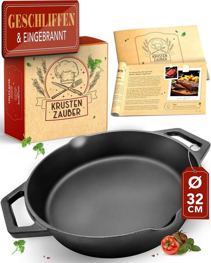 Gietijzeren Pan 32 cm met Dubbele Handgreep en Inclusief Receptenboek